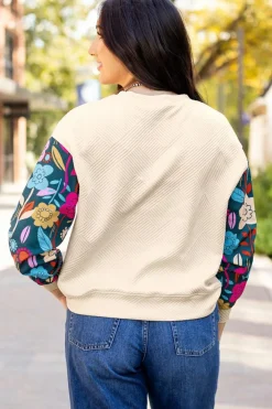 Sale Dear-Lover Contrast Floral Sleeve Textured Drop Shoulder Knit Top White