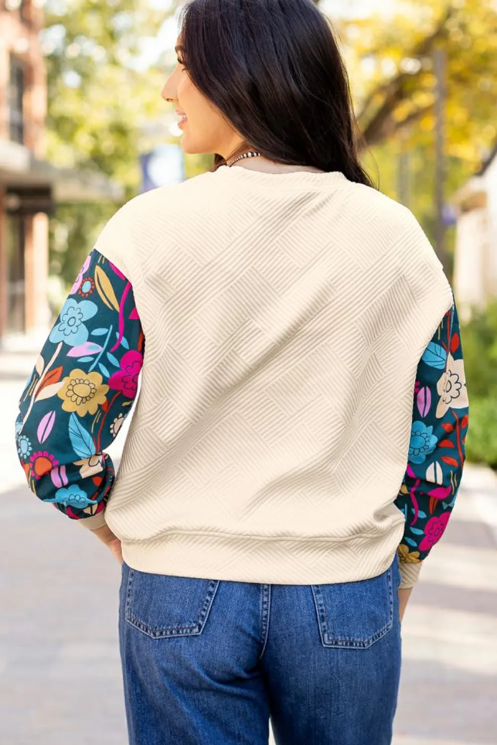 Sale Dear-Lover Contrast Floral Sleeve Textured Drop Shoulder Knit Top White