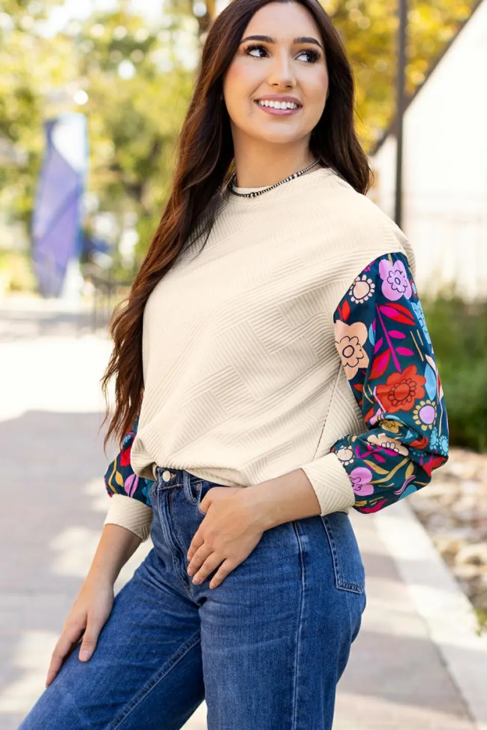 Sale Dear-Lover Contrast Floral Sleeve Textured Drop Shoulder Knit Top White