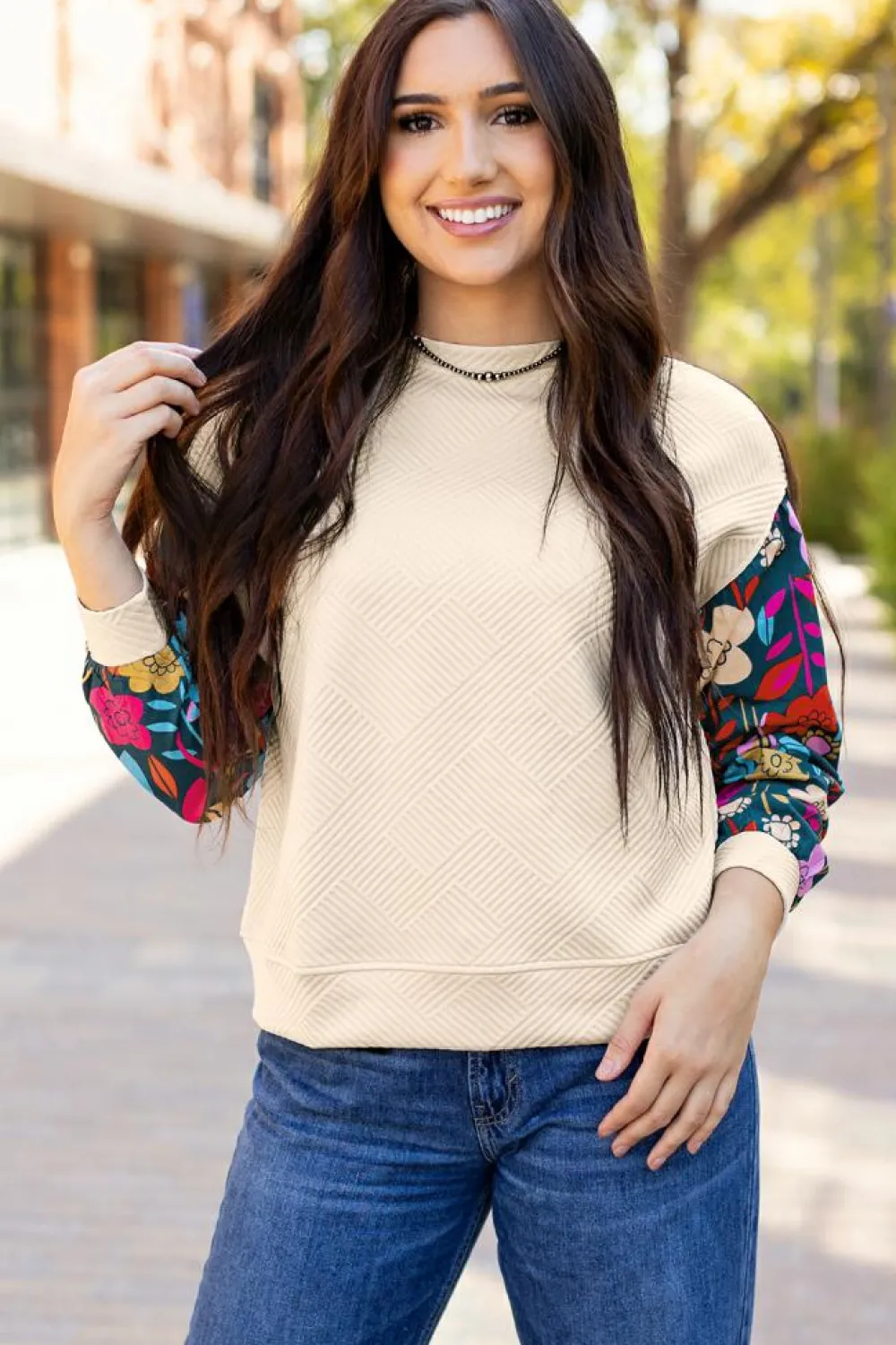 Sale Dear-Lover Contrast Floral Sleeve Textured Drop Shoulder Knit Top White
