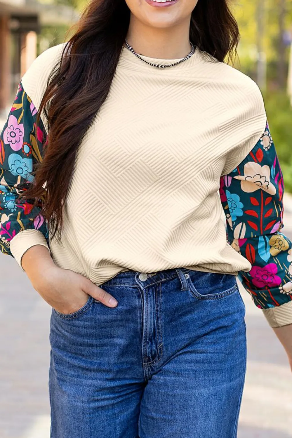 Sale Dear-Lover Contrast Floral Sleeve Textured Drop Shoulder Knit Top White