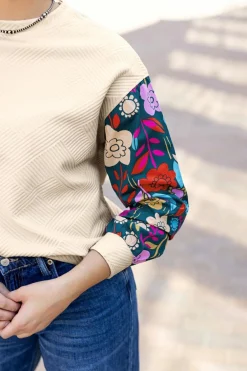 Sale Dear-Lover Contrast Floral Sleeve Textured Drop Shoulder Knit Top White