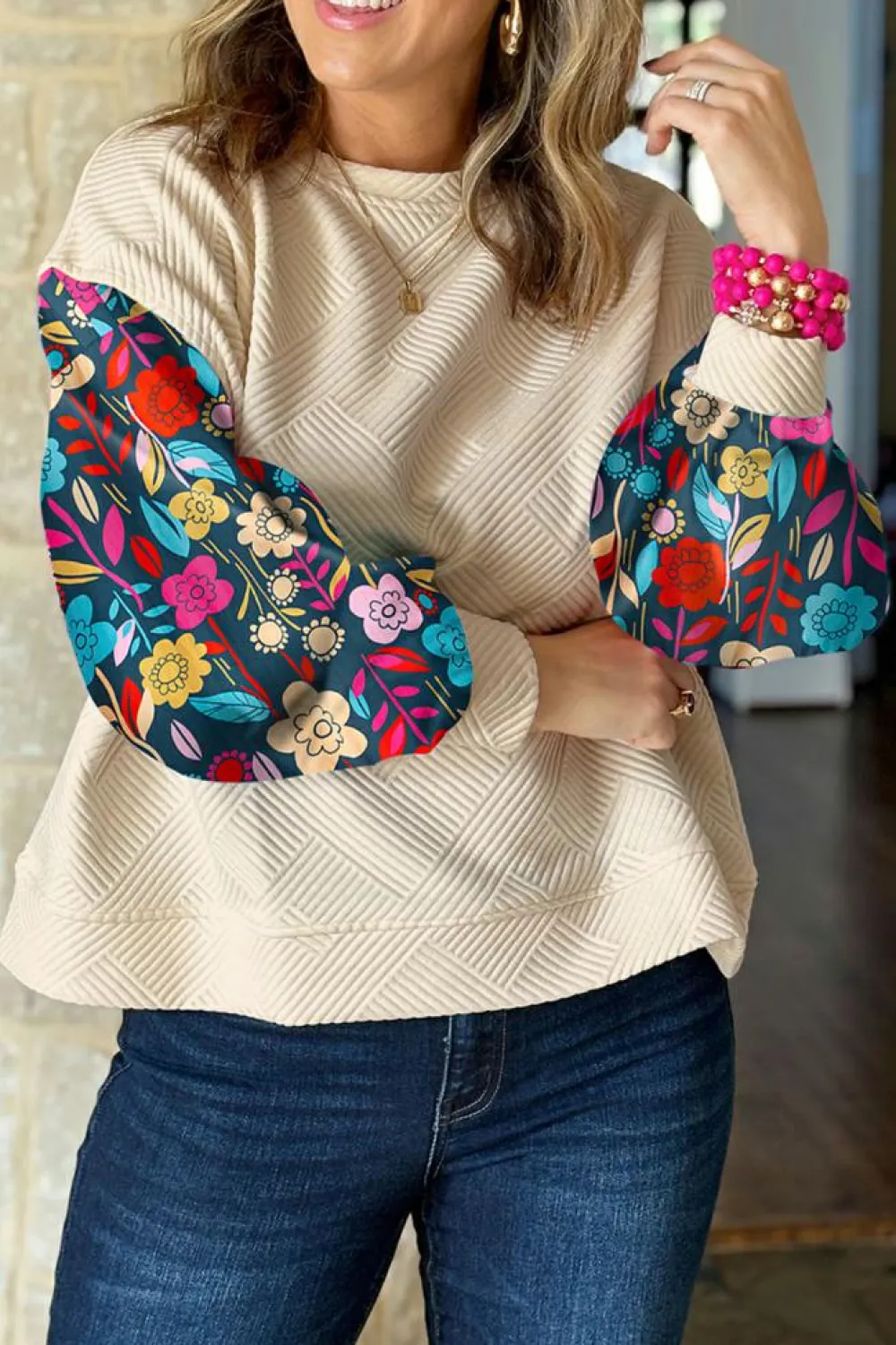 Sale Dear-Lover Contrast Floral Sleeve Textured Drop Shoulder Knit Top White