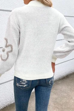 New Dear-Lover Contrast Flower Half Zipper Stand Neck Sweater White