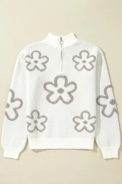 New Dear-Lover Contrast Flower Half Zipper Stand Neck Sweater White