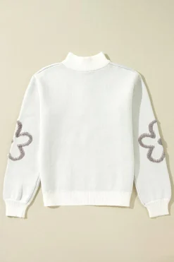 New Dear-Lover Contrast Flower Half Zipper Stand Neck Sweater White