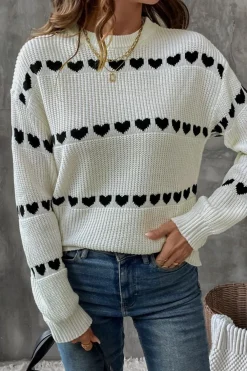 Outlet Dear-Lover Contrast Heart Pattern Crew Neck Sweater White