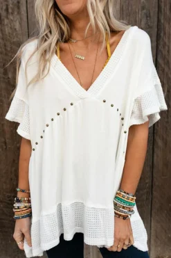 Clearance Dear-Lover Contrast Knit Splicing V Neck Studded Blouse White