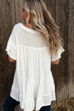 Clearance Dear-Lover Contrast Knit Splicing V Neck Studded Blouse White
