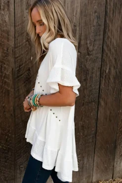 Clearance Dear-Lover Contrast Knit Splicing V Neck Studded Blouse White