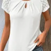 Best Dear-Lover Contrast Lace Sleeve Keyhole Decor Top White