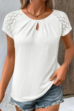 Best Dear-Lover Contrast Lace Sleeve Keyhole Decor Top White