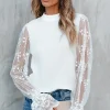 Fashion Dear-Lover Contrast Lace Sleeve Mock Neck Textured Blouse White