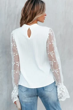 Fashion Dear-Lover Contrast Lace Sleeve Mock Neck Textured Blouse White