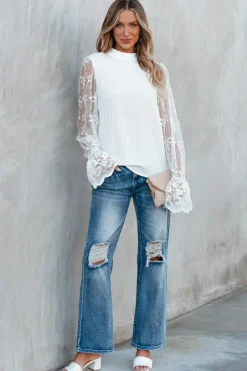 Fashion Dear-Lover Contrast Lace Sleeve Mock Neck Textured Blouse White