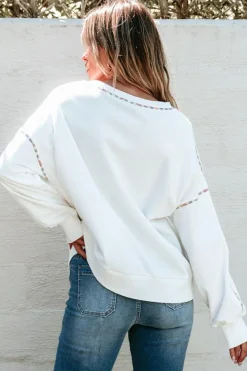 Outlet Dear-Lover Contrast Rainbow Trim Drop Shoulder Pullover Sweatshirt White