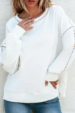 Outlet Dear-Lover Contrast Rainbow Trim Drop Shoulder Pullover Sweatshirt White