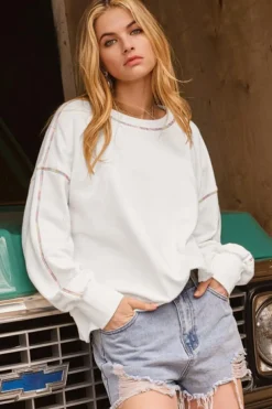 Outlet Dear-Lover Contrast Rainbow Trim Drop Shoulder Pullover Sweatshirt White