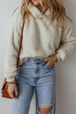 Discount Dear-Lover Contrast Ribbed Edge Plush Hoodie White