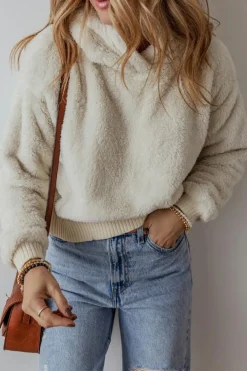 Discount Dear-Lover Contrast Ribbed Edge Plush Hoodie White