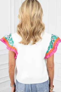 New Dear-Lover Contrast Ricrac Floral Sleeve Top White