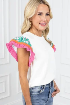 New Dear-Lover Contrast Ricrac Floral Sleeve Top White