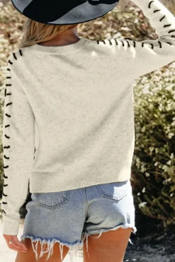 Clearance Dear-Lover Contrast Stitch Detail Ribbed Trim Sweater White