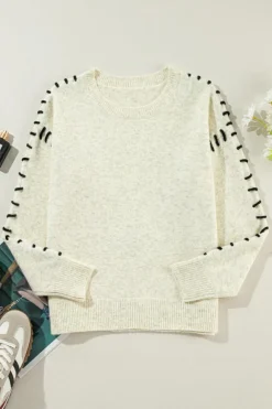 Clearance Dear-Lover Contrast Stitch Detail Ribbed Trim Sweater White