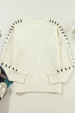 Clearance Dear-Lover Contrast Stitch Detail Ribbed Trim Sweater White