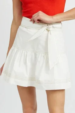 Discount Dear-Lover Contrast Stitching Trim Knotted High Waist A-Line Mini Skirt White