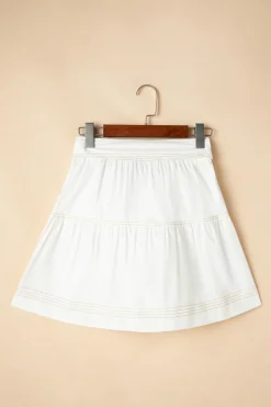 Discount Dear-Lover Contrast Stitching Trim Knotted High Waist A-Line Mini Skirt White