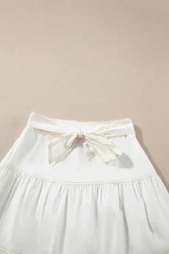 Discount Dear-Lover Contrast Stitching Trim Knotted High Waist A-Line Mini Skirt White