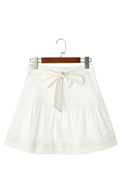 Discount Dear-Lover Contrast Stitching Trim Knotted High Waist A-Line Mini Skirt White