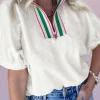 Discount Dear-Lover Contrast Striped Collar Patchwork Textured Half Sleeve Blouse White