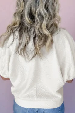 Discount Dear-Lover Contrast Striped Collar Patchwork Textured Half Sleeve Blouse White