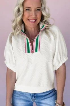 Discount Dear-Lover Contrast Striped Collar Patchwork Textured Half Sleeve Blouse White