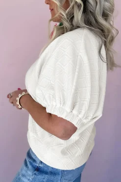 Discount Dear-Lover Contrast Striped Collar Patchwork Textured Half Sleeve Blouse White