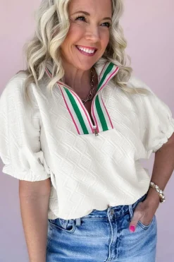 Discount Dear-Lover Contrast Striped Collar Patchwork Textured Half Sleeve Blouse White
