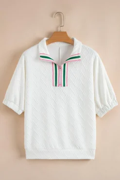 Discount Dear-Lover Contrast Striped Collar Patchwork Textured Half Sleeve Blouse White