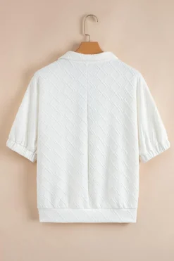Discount Dear-Lover Contrast Striped Collar Patchwork Textured Half Sleeve Blouse White