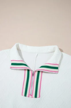 Discount Dear-Lover Contrast Striped Collar Patchwork Textured Half Sleeve Blouse White