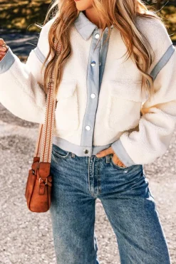 Discount Dear-Lover Contrast Trim Buttoned Sherpa Jacket White