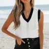 Sale Dear-Lover Contrast Trim Eyelet Knit Colorblock V Neck Sweater Vest White