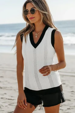 Sale Dear-Lover Contrast Trim Eyelet Knit Colorblock V Neck Sweater Vest White