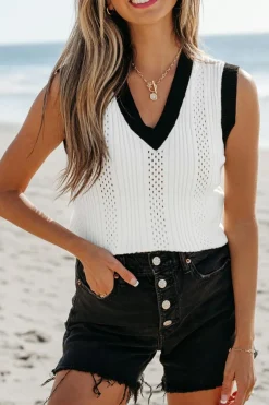 Sale Dear-Lover Contrast Trim Eyelet Knit Colorblock V Neck Sweater Vest White