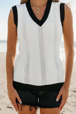 Sale Dear-Lover Contrast Trim Eyelet Knit Colorblock V Neck Sweater Vest White