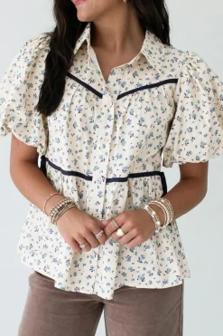 Clearance Dear-Lover Contrast Trim Floral Puff Short Sleeve Shirt White