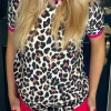 Discount Dear-Lover Contrast Trim Leopard Print T Shirt White
