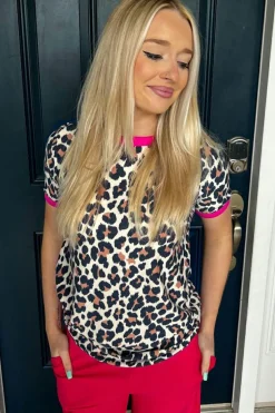 Discount Dear-Lover Contrast Trim Leopard Print T Shirt White
