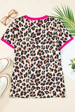 Discount Dear-Lover Contrast Trim Leopard Print T Shirt White